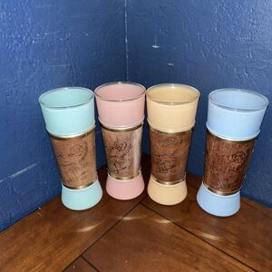 Vintage MCM Siesta Ware Tiki Bar Glasses Mahogany Wood Wrapped Set Of 4